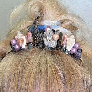 Siren Crown Pink/Blue & Black Crystal Quartz with Stone, Shell, Pearls, Moon!